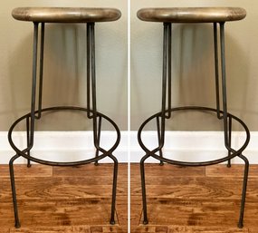 A Pair Of Metal And Reclaimed Wood Bar Stools