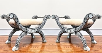 A Pair Of Vintage 'Roman' Stools With Mother Of Pearl Inlay, From Morocco