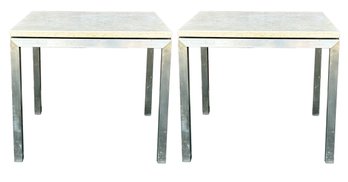 A Pair Of Modern Limestone And Brushed Steel End Tables By CB2