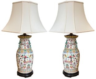 A Pair Of Chinese Urns - Fitted For Electricity As Lamps With Silk Shades