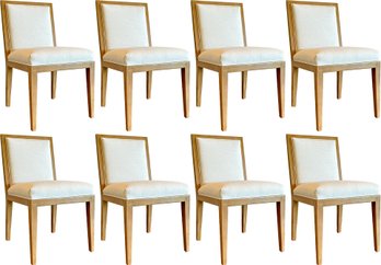 A Set Of 8 Dining Chairs Palecek In Pickled Oak, Cane And Khaki Linen