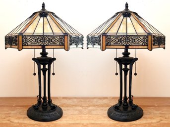 A Pair Of Retro Bronze And Stained Glass Tiffany Style Table Lamps