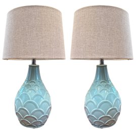 A Pair Of Glam Scalloped Ceramic Accent Lamps With Modern Linen Shades