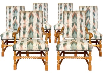 A Set Of 6 Carved Pine Dining Chairs In Southwestern Print Fabric