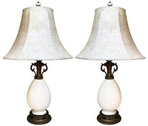 A Pair Of Vintage Creamware And Brass Table Lamps