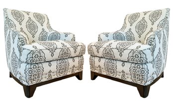 A Pair Of Modern Arm Chairs In Linen Print With Nailhead Trim