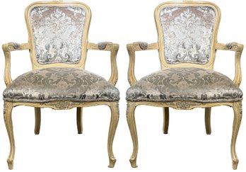 A Pair Of Vinage Louis XV Fauteuils In Velvet Brocade