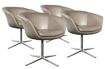 A Set Of 4 Modern Chrome And Leather Swivel Chairs By Coalesse