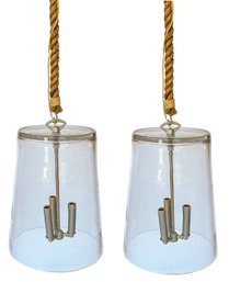 A Pair Of Large Gorgeous Modern Coastal Glass And Hemp Rope Light Fixtures