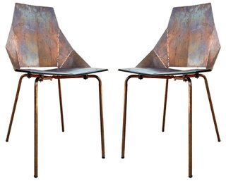 A Pair Of Burnished Copper 'real Good' Chairs With Black Leather Seats By Blu Dot