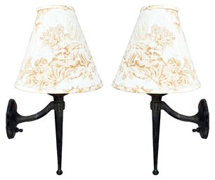 A Pair Of Vintage Cast Iron Wall Sconces With Custom Toile Shades