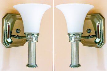 A Pair Of Elegant Chrome And Frosted Glass Wall Sconces