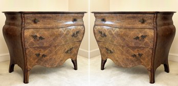 A Pair Of Vintage Inlaid Fruit Wood Bombe Form Nightstands, Or Petit Dressers