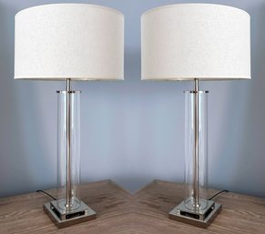 A Pair Of Modern Glass Cylinder Table Lamps By Robert Abbey