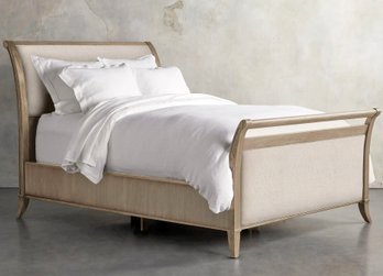 A Modern Queen Bedstead In Oak And Linen By Arhaus