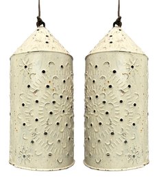 A Pair Of Large Vintage Pierced Tin Accent Lanterns