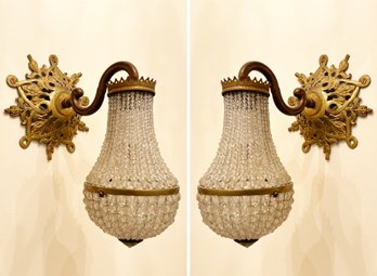 A Pair Of Beautiful Italian Tear Drop Bronze And Crystal Sconces
