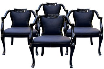 A Set Of 4 Lacquered Arm Chairs With Black Duck Cloth Upholstery