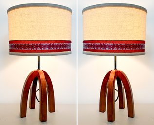 Pair Of Scandinavian Modern Wood Lamps With Shades