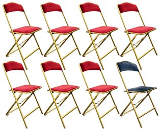 A Set Of 8 Brass And Velvet Folding Chairs - Not All The Same