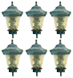 A Set Of 6 Outdoor Copper And Textured Glass Lantern Sconces