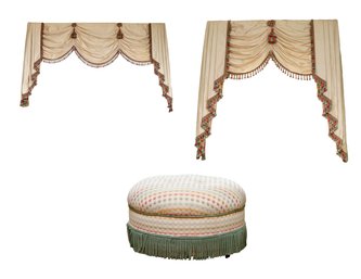 Set Of 2 A Ruched Swag And Jabot Champagne Window Valance With Tassel Fringe And A Coordinating Tufted Ottoman