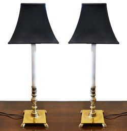 A Pair Of Brass Stick Lamps With Custom Gilt Lined Shades