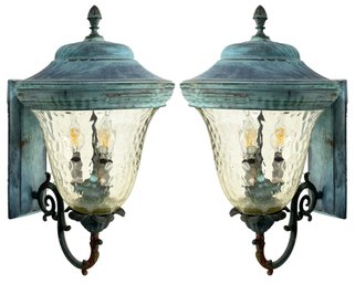 A Pair Of Large Copper And Textured Glass Outdoor Lantern Sconces