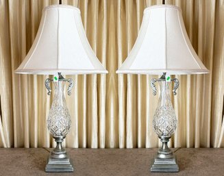 A Pair Of Large Waterford Crystal Lamps With Silk Shades