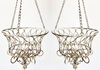 A Pair Of Antique Wrought Iron Hanging Planters