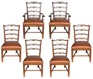 A SET OF 6 Vintage Slatted Back Dining Chairs In NEW Custom Leather Upholstery, C. 1940's