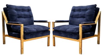 A Pair Of Vintage Modern Brass And Velvet 'Tribeca' Accent Chairs