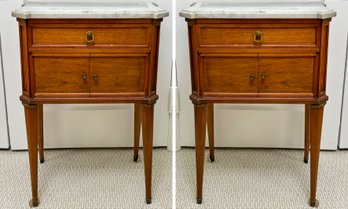 A Pair Of Early 20th Century Louis XVI Style Nightstands With Beveled Marble Tops
