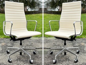 A Pair Of White Leather Eames Office Chairs By Herman Miller (1 Of 2 Pair In Sale)