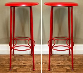 A Pair Of Shiny Red Industrial Shop Stools - Repurposed As Bar Stools