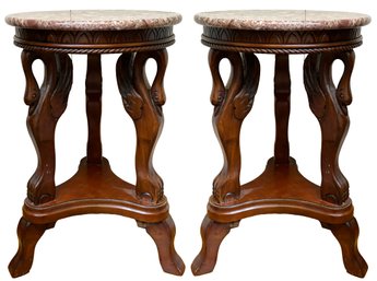 A Pair Of Carved Mahogany And Marble Side Tables - Swan Motif Legs