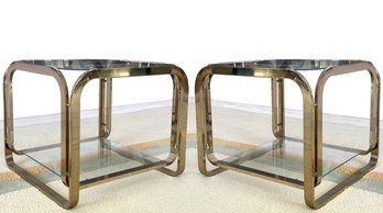 A Pair Of Vintage Italian Modern Glass And Tubular Brass End Tables, C. 1970