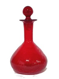 Vintage Hand Blown Crackle Glass Bright Red Decanter With Stopper