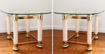 A Pair Of Beveled Glass And Brass End Tables With Fluted Columnar Legs