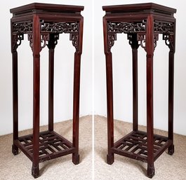 A Pair Of Chinese Carved Elm Wood Plant Stands