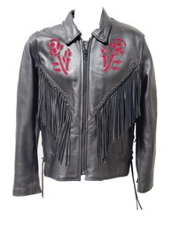 Awesome Vintage Retro Black Leather & Red Rose Ladies Fringed Motorcycle Zip Up Jacket - Size Large