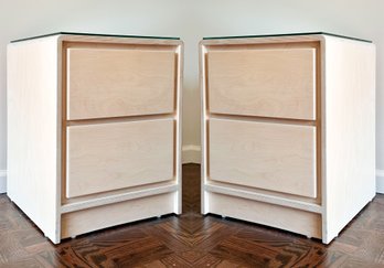 A Pair Of Modern Bent Ply Nightstands In Blonde Finish With Custom Glass Tops, Possibly Arhaus