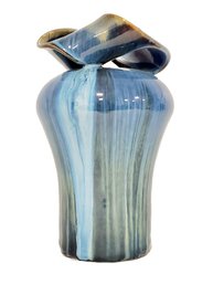 Vintage Blue Drip Glaze Pottery Vase With Ribbon Top - Signed & Dated