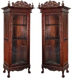 A Pair Of Large Vintage Carved Mahogany Vitrines With Glass Paneled Doors  - Gorgeous Display Cases