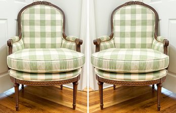 A Pair Of Vintage Louis XVI Bergeres In Preppy Check Print