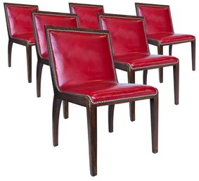 A Set Of 6 Mid Century Danish Teak Dining Chairs In Cherry Leather With Nailhead Trim
