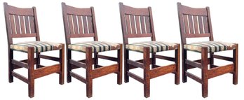 A Set Of 4 Early 20th Century Oak V Back Side Chairs In New Upholstery By Gustav Stickley, C. 1912-16, Signed