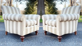 A Pair Of Custom Rolled Arm Chairs With Down Cushions In Striped Linen, Possibly Edward Ferrell