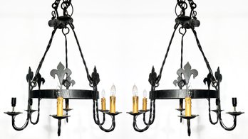 A Pair Of Large Vintage French Wrought Iron Chandeliers - Fleur De Lys Pattern