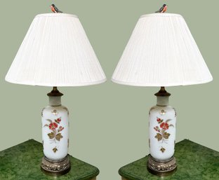 A Pair Of Vintage Painted Milk Glass Table Lamps With Bird Finials